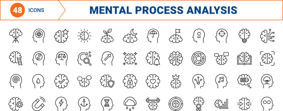 Brain Function And Mental Processes line icon set. Vector pictograms of cognitive psychology, neurology, mental health, and thinking elements, thin linear illustration.