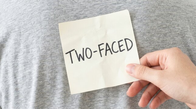 Person Placing Sticky Note Saying Two-Faced on Back of Another Individual in Casual Environment