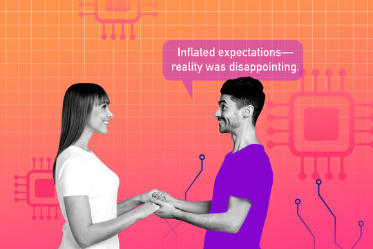 Couple holding hands with speech bubble about inflated expectations and disappointing reality over a digital tech background