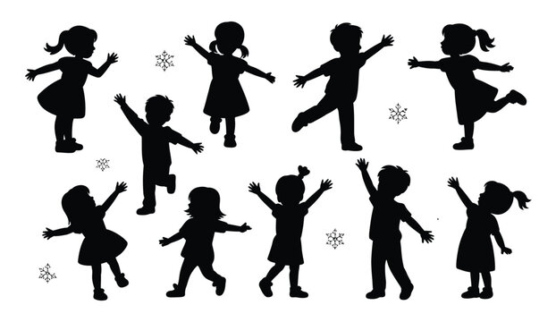Diverse group of black child silhouettes playing and dancing energetically with decorative snowflake around