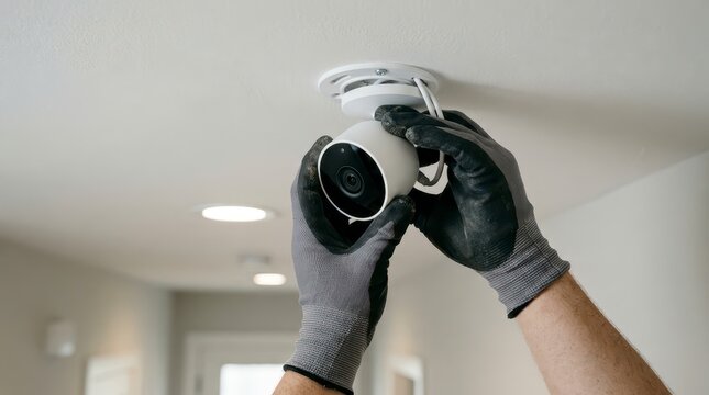 Technician Installing Security Camera on Ceiling in Modern Home Environment with Professional Care and Attention