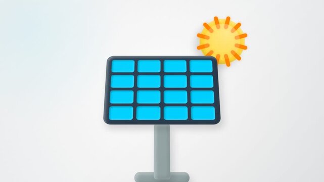 A 3D rendered illustration of a solar panel with a sun icon representing renewable energy.