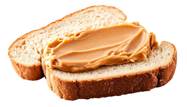 Two slices of bread with creamy peanut butter spread on transparent background.