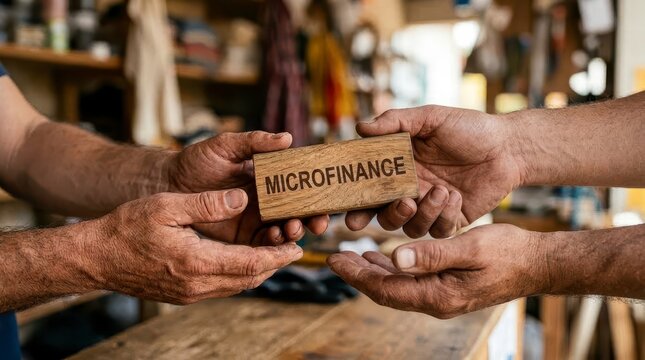 Hands Exchanging Microfinance Support in a Rustic Workshop Environment with Dirty Hands and Community Spirit