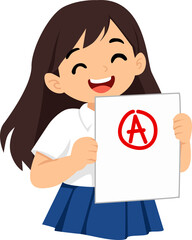 Fototapeta premium Happy schoolgirl with dark hair in white shirt and blue skirt proudly holding a paper with a red grade a. Perfect for educational concepts.