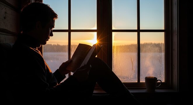 Silhouette of person reading book by window at sunset.