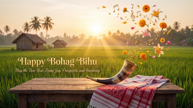Happy bohag bihu celebration with traditional assamese horoscope and flowers on a colorful cloth in a green field
