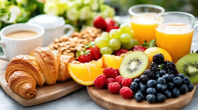 A Delicious and Healthy Breakfast Spread: A vibrant assortment of fresh fruits, flaky croissants, crunchy granola, and steaming coffee creates an inviting and nutritious start to the day.