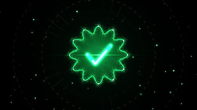 Glowing green check mark icon with digital wave pattern and light particles on a dark background, representing verification, success, and secure technology concepts