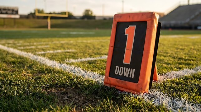 An orange and black american football first down marker stands on the grass field sideline on a sunny autumn day