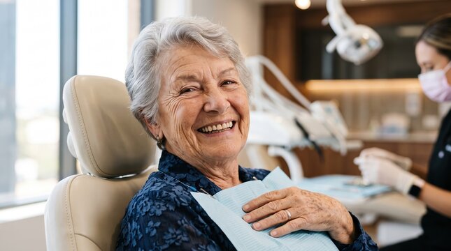 Senior patient visiting the dental clinic. The elderly woman is sitting in the chair and smiling warmly at the camera.