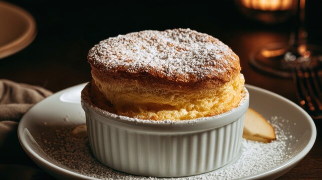 Warm spotlight highlights the individual pear souffle in a white ramekin, set against a dark restaurant background, creating an elegant dessert scene.