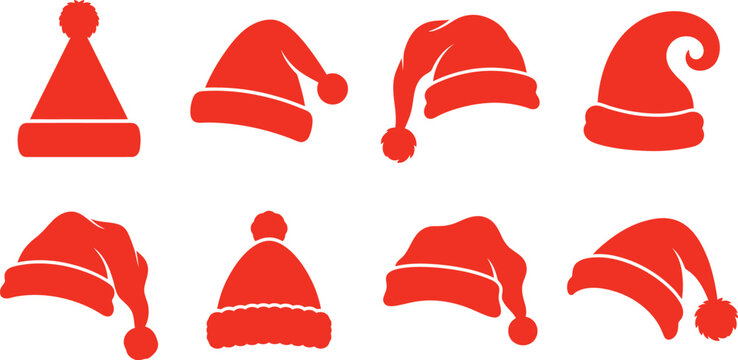 Set of eight red santa claus hats in different styles and shapes with santa hat christmas hat holiday cap christmas costume winter holiday