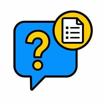 Blue speech bubble with question mark and document icon.