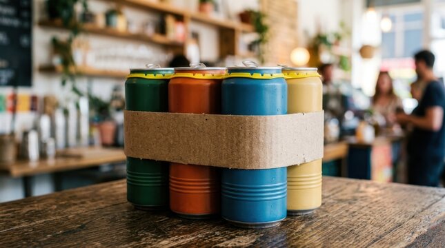 Slim beverage cans with matte finish, embossed rings, and colorful recyclable cardboard multipack sleeves