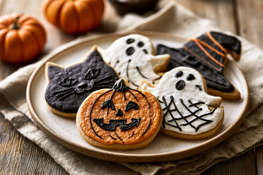 Plate of many homemade Halloween cookies in different cute shapes and icing colors, orange pumpkins,white ghost, black cat and witch hat shaped