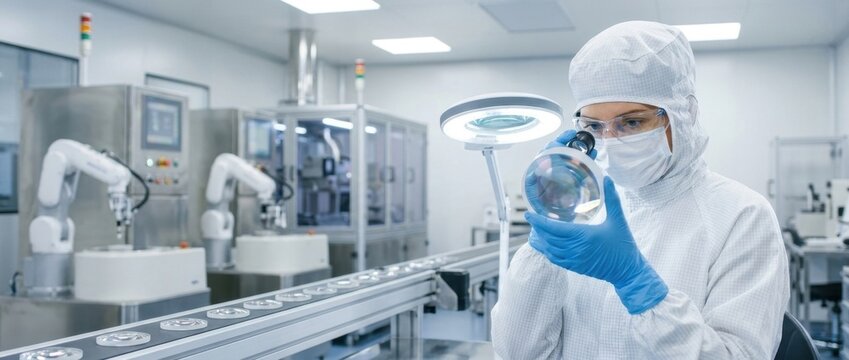 Qualit&auml;tskontrolle in der Hightech-Industrie: Ingenieurin im Reinraumanzug pr&uuml;ft eine optische Linse an einer automatisierten Produktionslinie