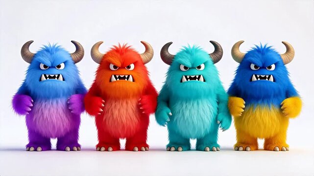 Four colorful cartoon monsters standing in a row on white background