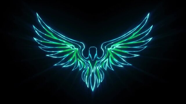 Glowing Neon Angel Wings Symbol Radiates Light Against Black Background for Digital Design and Branding Concepts