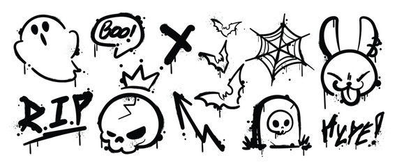 Fototapeta na wymiar Halloween black doodle symbols set. Vector hand drawn ghost, skull, bats, spider web, grave, rabbit and RIP lettering with rough spray marks for horror posters and seasonal party decoration.
