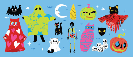 Fototapeta na wymiar Halloween cute monster elements set. Vector colorful spooky characters with ghosts, bats, cats, skeleton, pumpkin, moon and fantasy creatures for party cards, stickers and seasonal decoration.