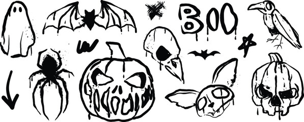 Plakat Halloween horror doodle elements set. Vector black hand drawn ghost, bats, raven, spider, pumpkin skull, animal skull and Boo lettering for spooky posters, invitations and seasonal decoration.