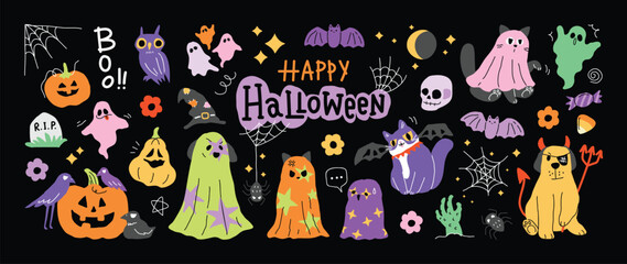 Fototapeta na wymiar Happy Halloween colorful doodle elements set. Vector spooky ghosts, pumpkins, cats, bats, skulls, webs and witch characters with decorative lettering for party cards, stickers and seasonal designs.