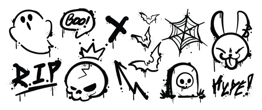 Halloween black doodle symbols set. Vector hand drawn ghost, skull, bats, spider web, grave, rabbit and RIP lettering with rough spray marks for horror posters and seasonal party decoration.