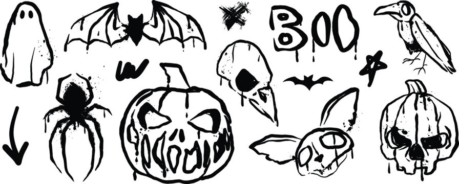 Halloween horror doodle elements set. Vector black hand drawn ghost, bats, raven, spider, pumpkin skull, animal skull and Boo lettering for spooky posters, invitations and seasonal decoration.