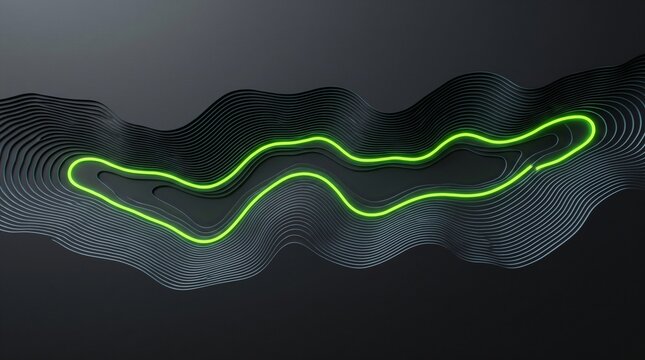 Marathon running route gps elevation profile contour dark mode mobile ui, vertical top down abstract topographic relief background with glowing volt green trail ribbon for athletic fitness tracker