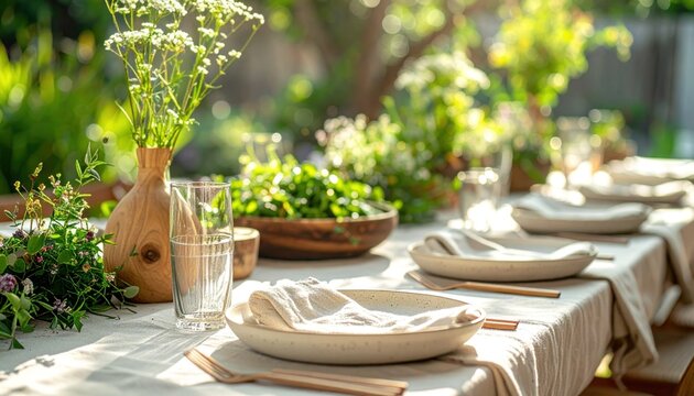 Sunny garden dining table with elegant floral arrangements.