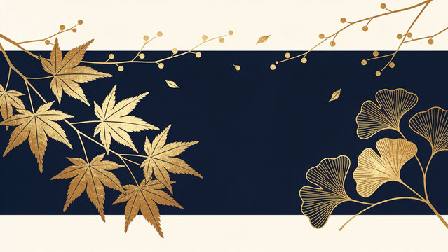 Gold Line Art Autumn Maple Leaf Frame on Navy with Copy Space