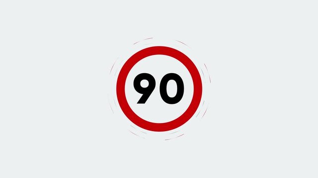 Animated 90 km/h Speed Limit Traffic Sign Vector Icon Isolated on White Background. Flat Speed Limit 90 kmh Road Sign Motion Graphic for Transportation, Driving Safety, and Traffic Regulations Concept