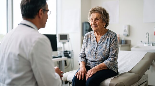 An elderly person has a medical appointment with a rheumatologist. A senior woman is listening to her male doctor while sitting on an examination table during her visit.