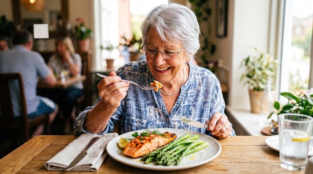 Senior person eating healthy dietary food. An older Caucasian woman is having a balanced dinner with grilled salmon and asparagus at a table.