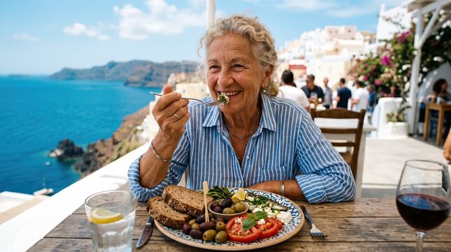 Senior person eating healthy dietary food. A smiling senior woman enjoys a Mediterranean diet meal with wine on a beautiful sunny coastal terrace.