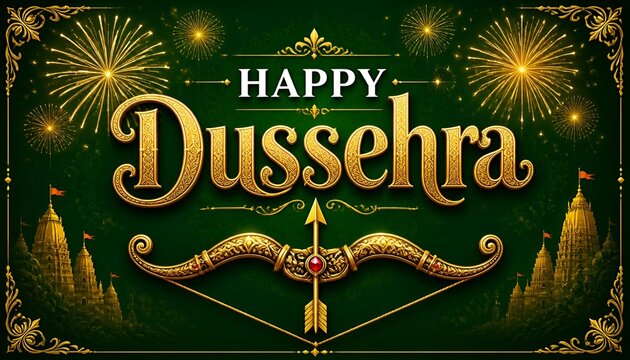 Happy Dussehra Celebration Banner with Golden Bow Arrow and Fireworks