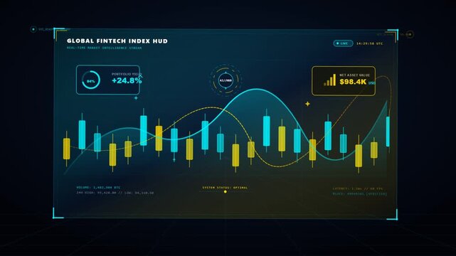 Global financial market data stream showing cryptocurrency trading analytics on a digital head up display interface