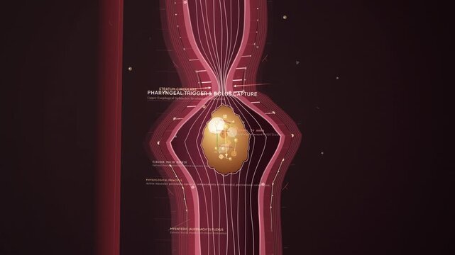 Detailed 3D medical animation of esophageal peristalsis showing the movement of a food bolus through the esophagus, featuring anatomical text labels like smooth muscle clamping and gastric reception