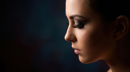 Fototapeta premium closeup profile portrait of caucasian woman with glamorous glitter eye makeup on dark background. dramatic beauty, cosmetics, elegance concept. copyspace. banner, website header, fashion magazine.
