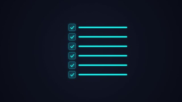 Abstract futuristic digital interface with a vertical list of checkboxes and glowing lines on a dark background, minimalist ui design element for technology and data visualization