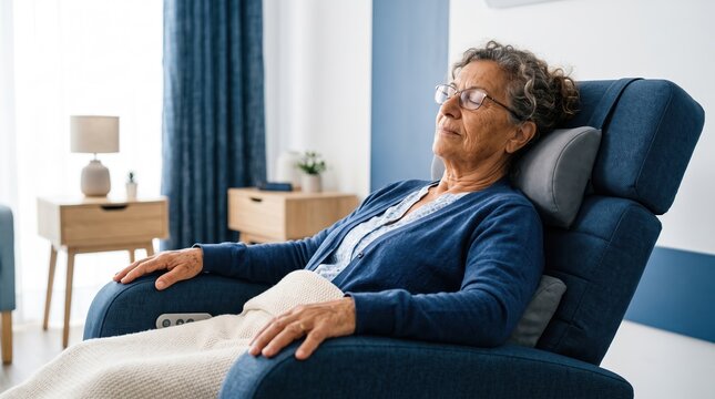 Senior patient resting in a specialized care facility. A mature woman sleeps comfortably while sitting back in a specialized blue medical recliner.