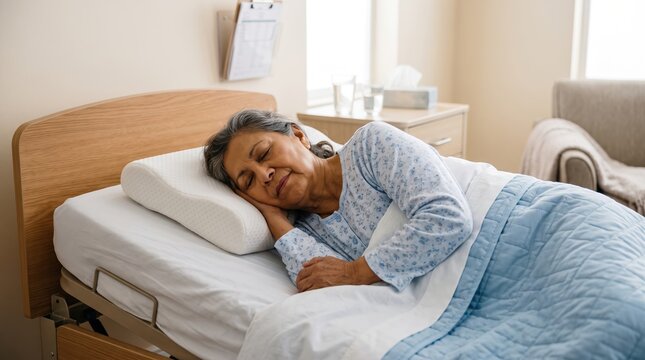 Senior patient resting in a specialized care facility. A senior woman enjoys a deep slumber lying on her side in a specialized therapeutic bed.