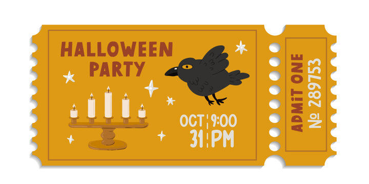 Halloween party ticket with black raven, candles, and stars. Vintage admit one pass.