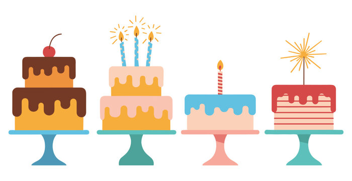 Set of four colorful birthday cakes with candles and sparklers isolated on a plain white background illustration