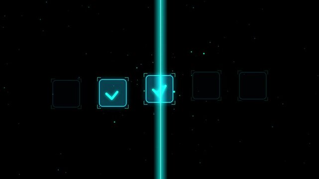 An abstract digital background featuring five bright square frames and check marks; this is a design element of a futuristic technology interface