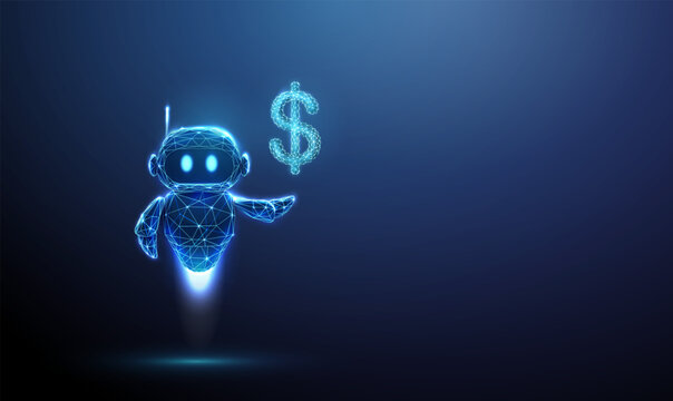 3D blue robot holding a dollar sign. Money, finance, currency, digital payment, cash flow, secure investment, wealth savings, profit economy, banking income concept