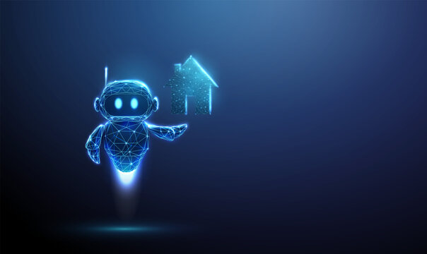 3D blue robot holding a house icon. Real estate, smart home, property investment, mortgage credit loan, home automation, residential building, family housing concept