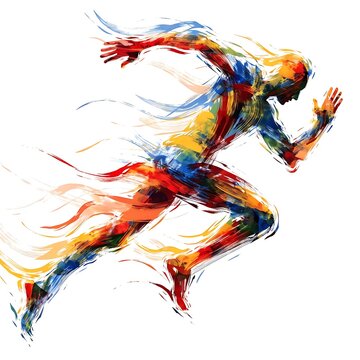 Dynamic abstract runner with vibrant energy trails in mid-sprint on neutral background