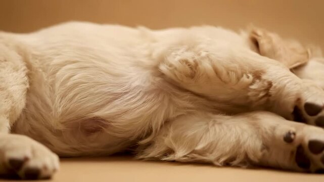 Healthy golden retriever puppy breathing deeply with relaxed posture on soft blanket